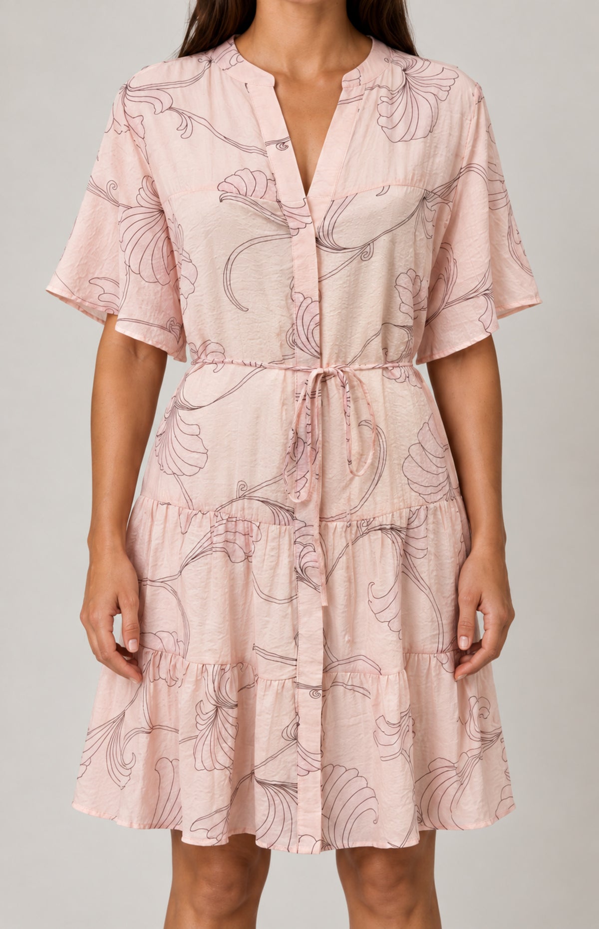 Narrow matching waist tie of SOGNA Pink dress 30250611-1 shown on a virtual model