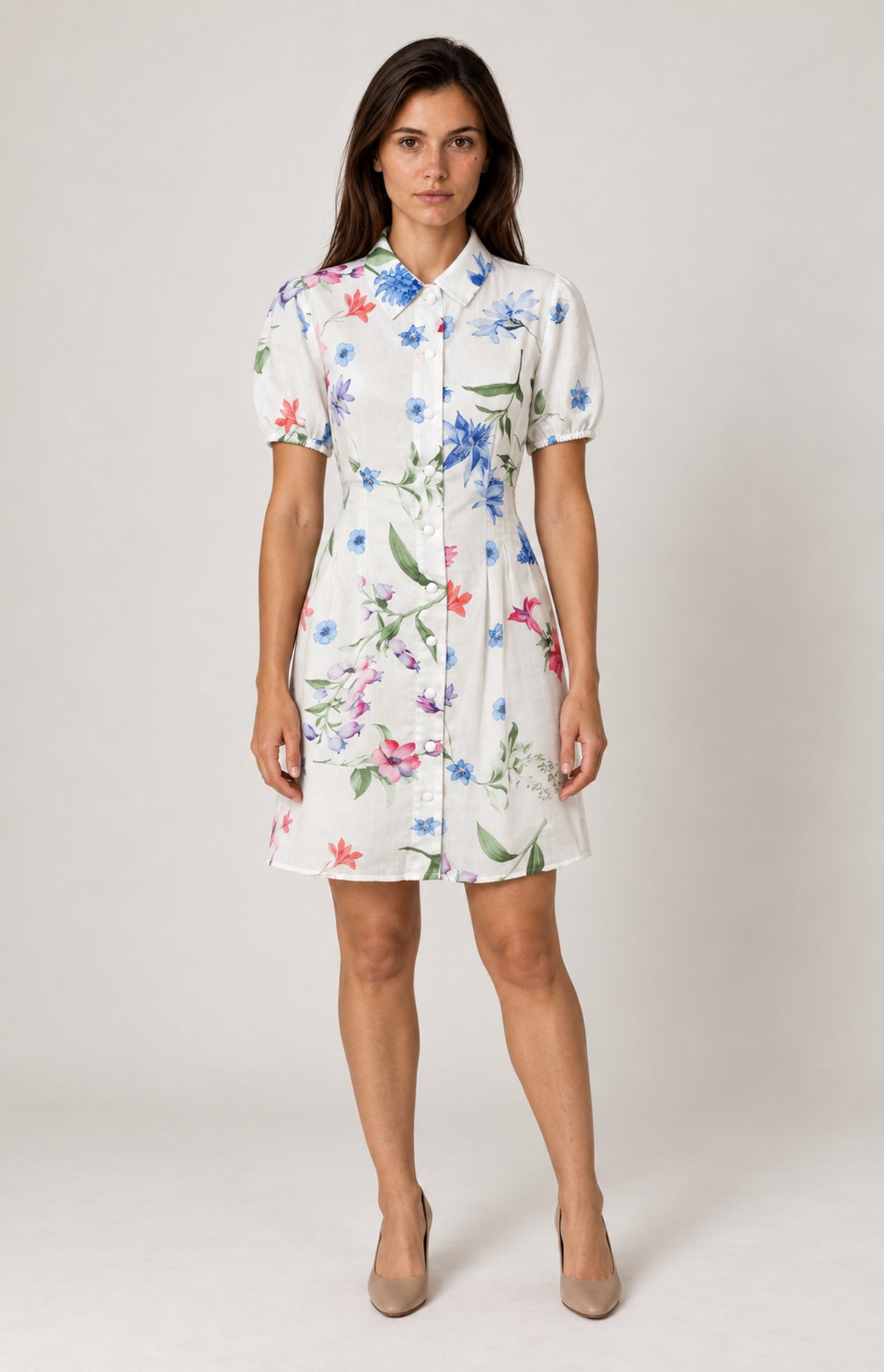 SOGNA white floral linen-blend shirt dress 30260353-1, full-length front on W01