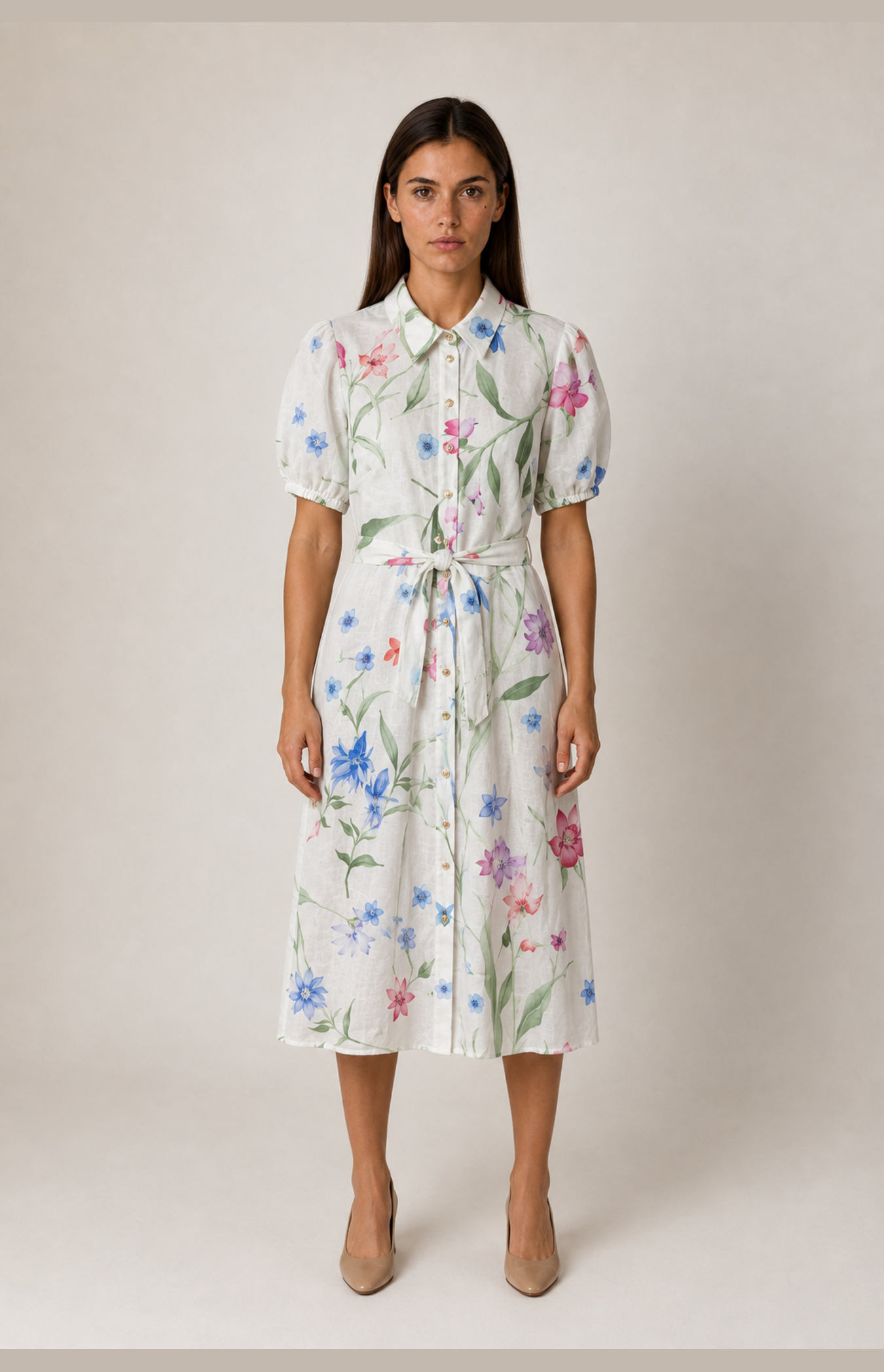 SOGNA white botanical linen-blend shirt dress, front view
