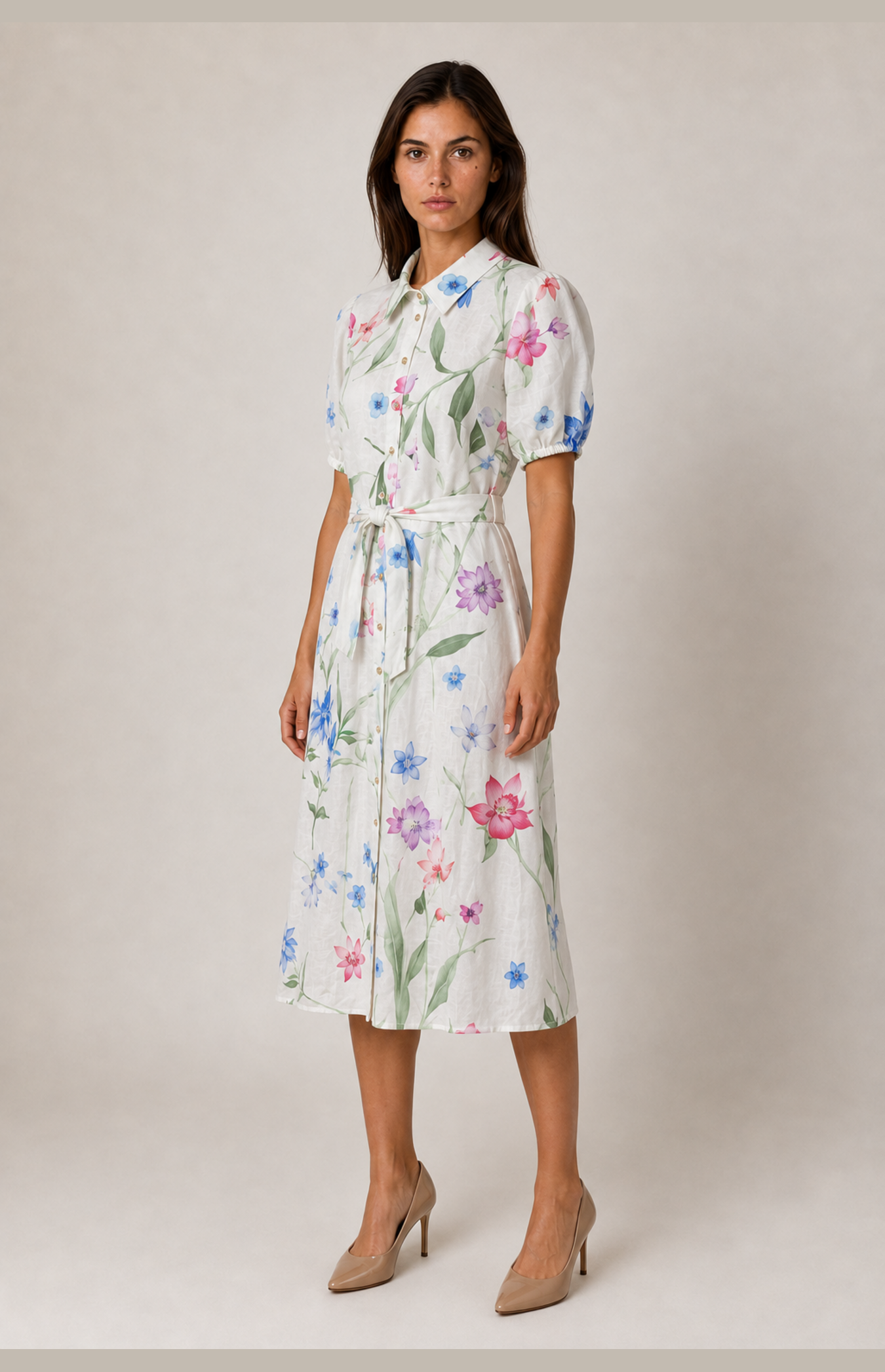 SOGNA white botanical linen-blend shirt dress, left front 45-degree view