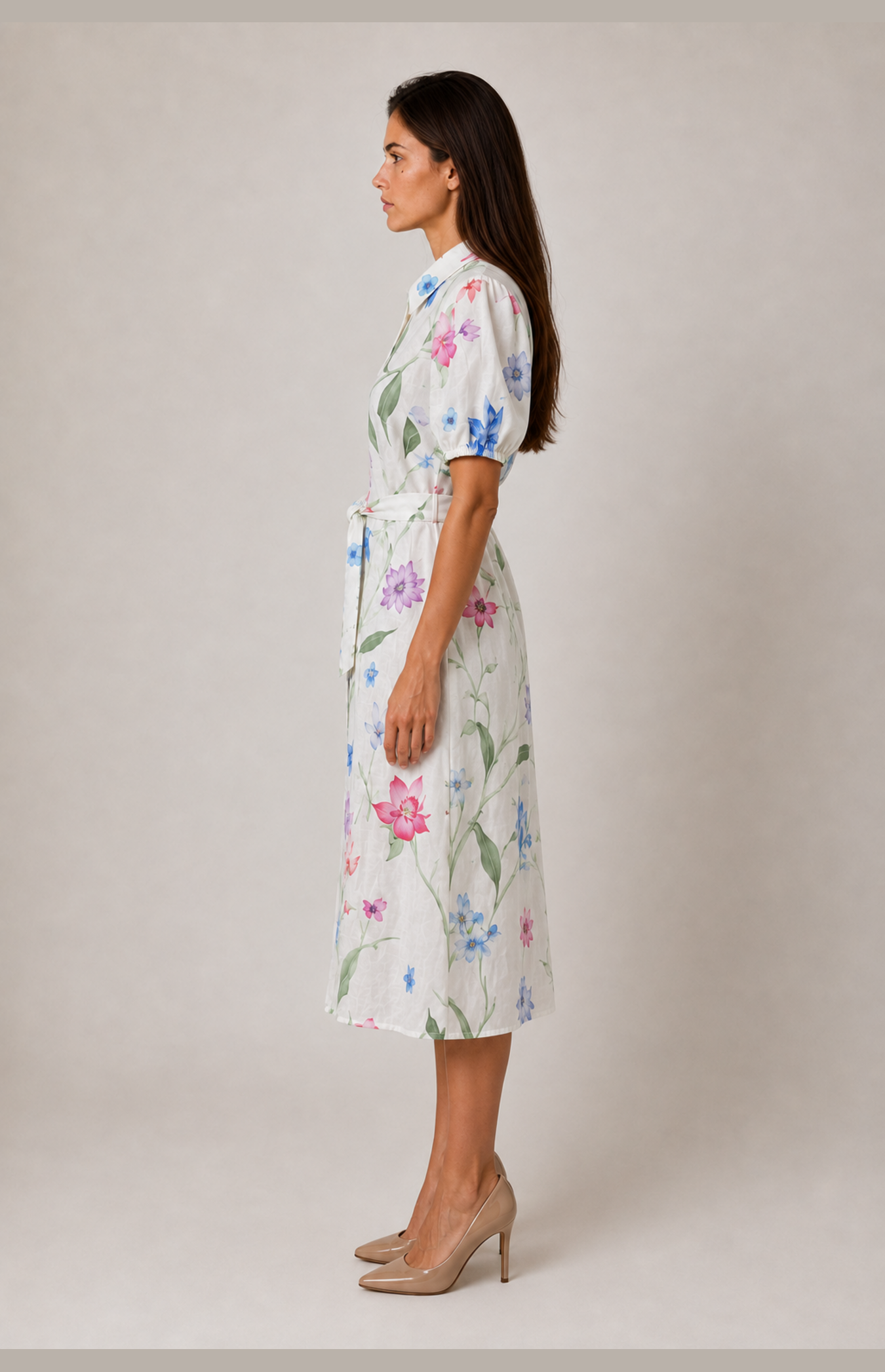 SOGNA white botanical linen-blend shirt dress, left side view