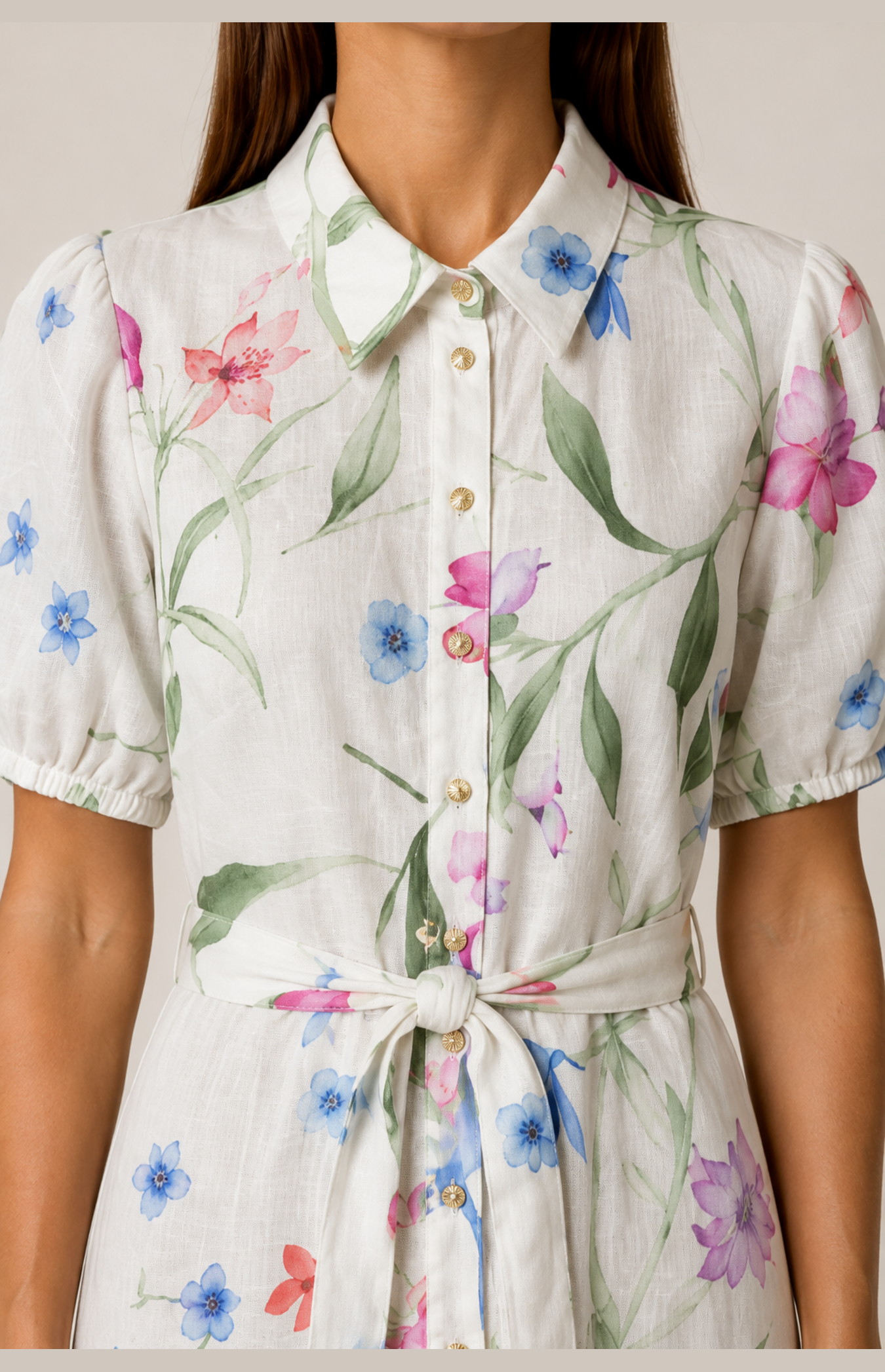 SOGNA botanical shirt dress bodice, collar, puff sleeves and gold-tone button detail
