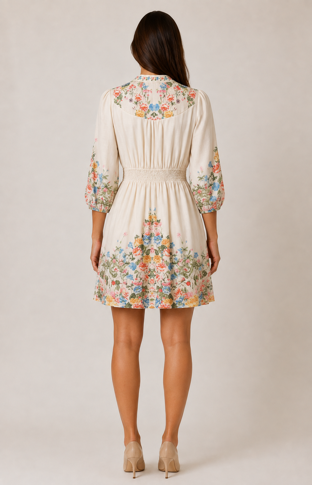Back view of SOGNA floral linen-blend dress 46250998-1 showing the curved yoke and shirred waist
