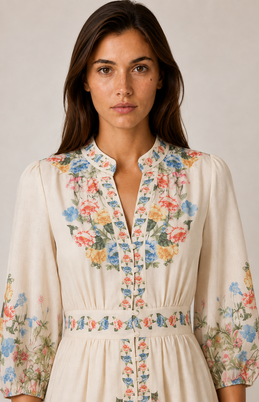 Close view of the floral split neckline, covered buttons and waistband on SOGNA dress 46250998-1
