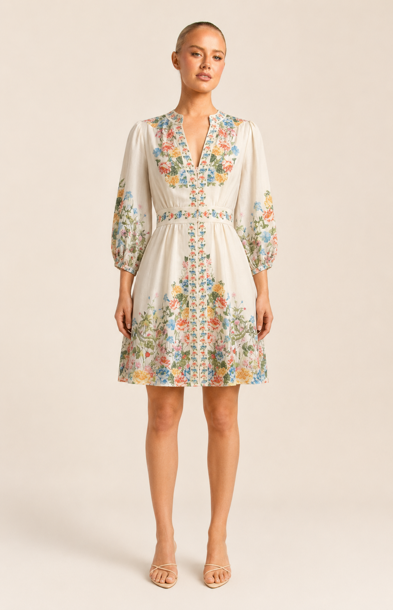 Woman wearing SOGNA floral linen-blend dress 46250998-1, full front view