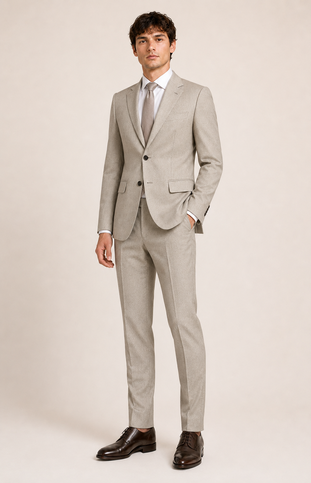 SOGNA men's light grey stretch suit LGY 24025 three-quarter view