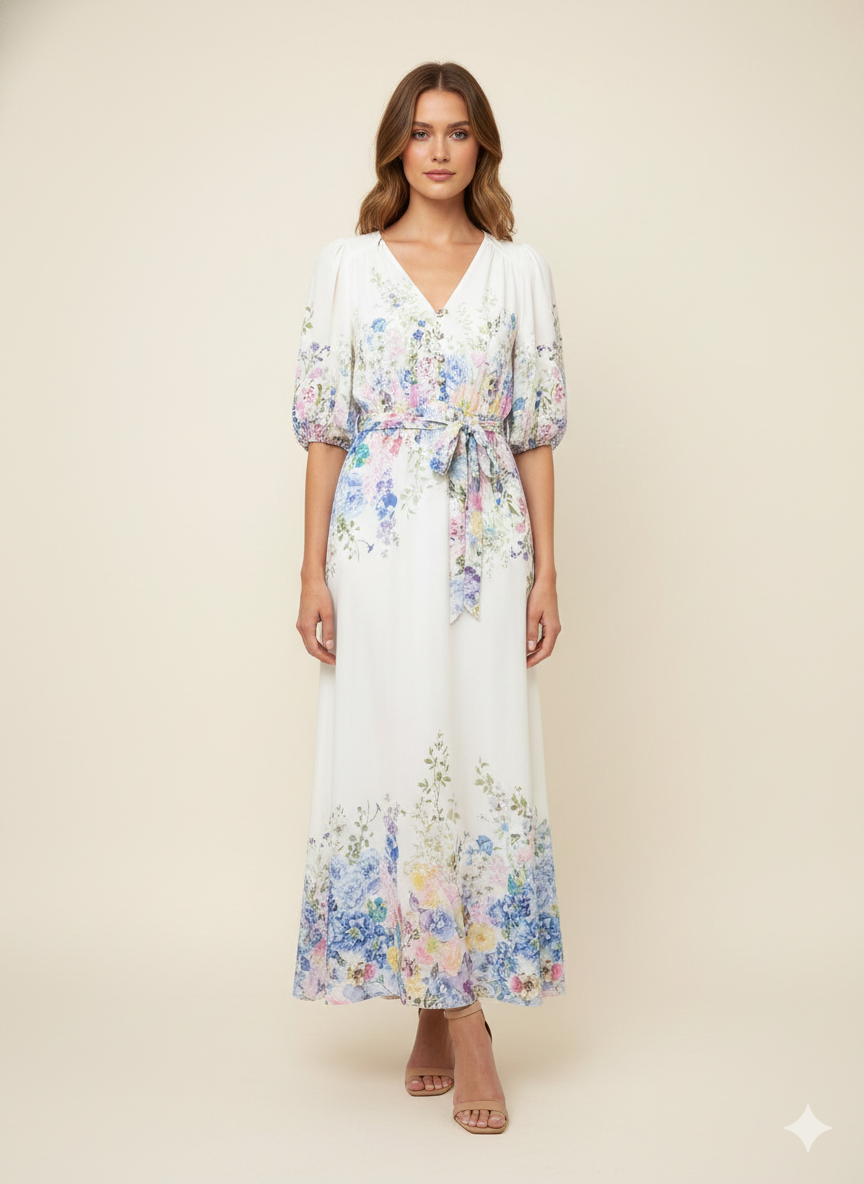 SOGNA COL Floral V-Neck Linen Midi Dress 46251029-1