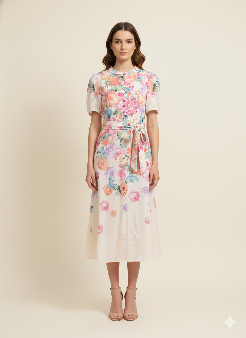 SOGNA COL Floral V-Neck Linen Midi Dress 30250192-1