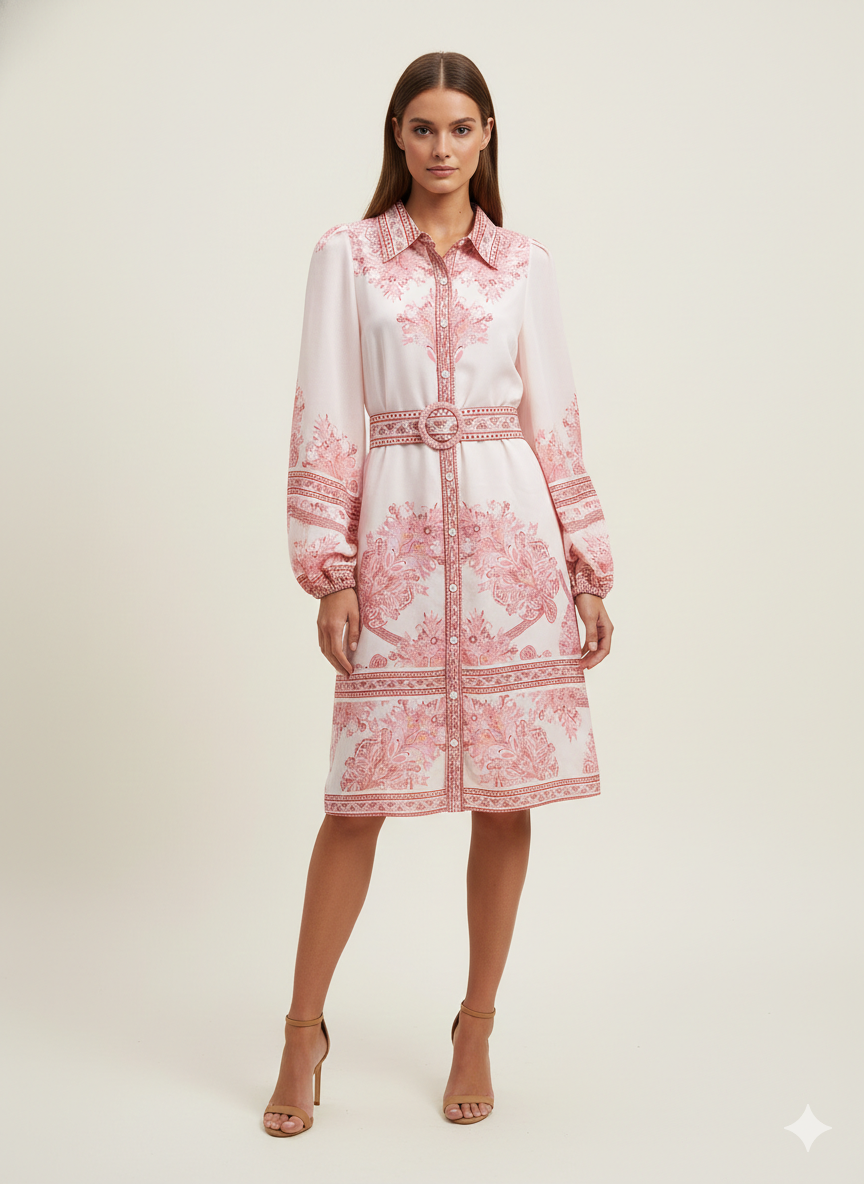 SOGNA COL Baroque Print Linen-Blend Shirt Dress 01250256-1