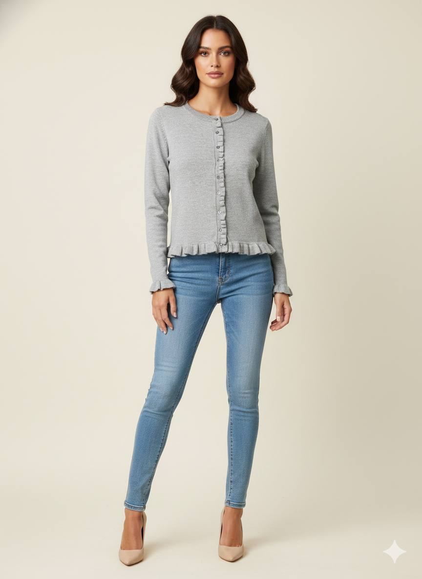 SOGNA COL Grey Ruffled Hem Cardigan 201117M