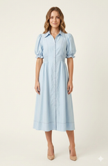 SOGNA COL Light Blue Smocked-Waist Midi Shirt Dress 43250696-1