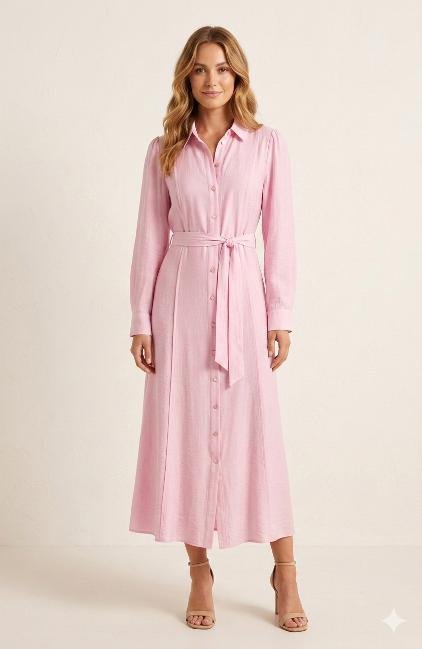 SOGNA COL Pink Belted Maxi Shirt Dress 30250501-1