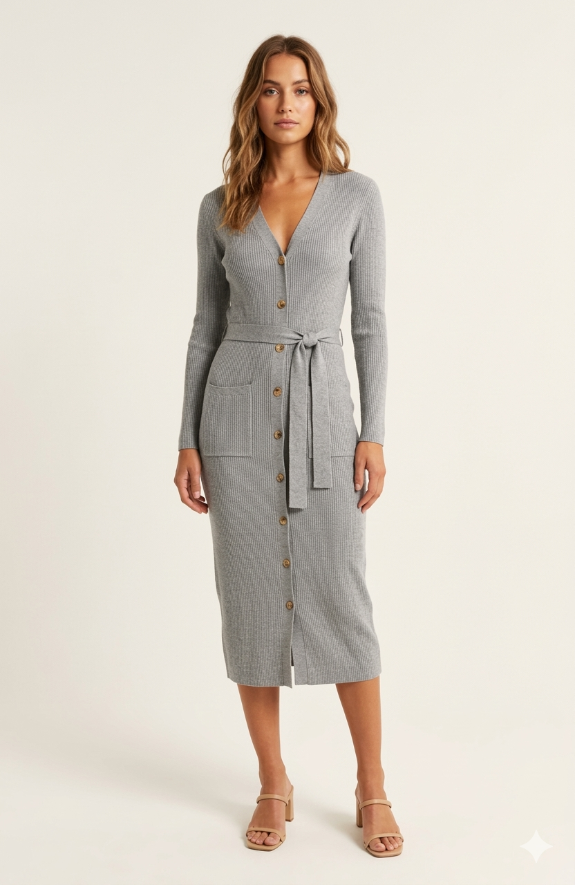 Sunny Design Ribbed Knit Button-Down Midi Dress 200670M