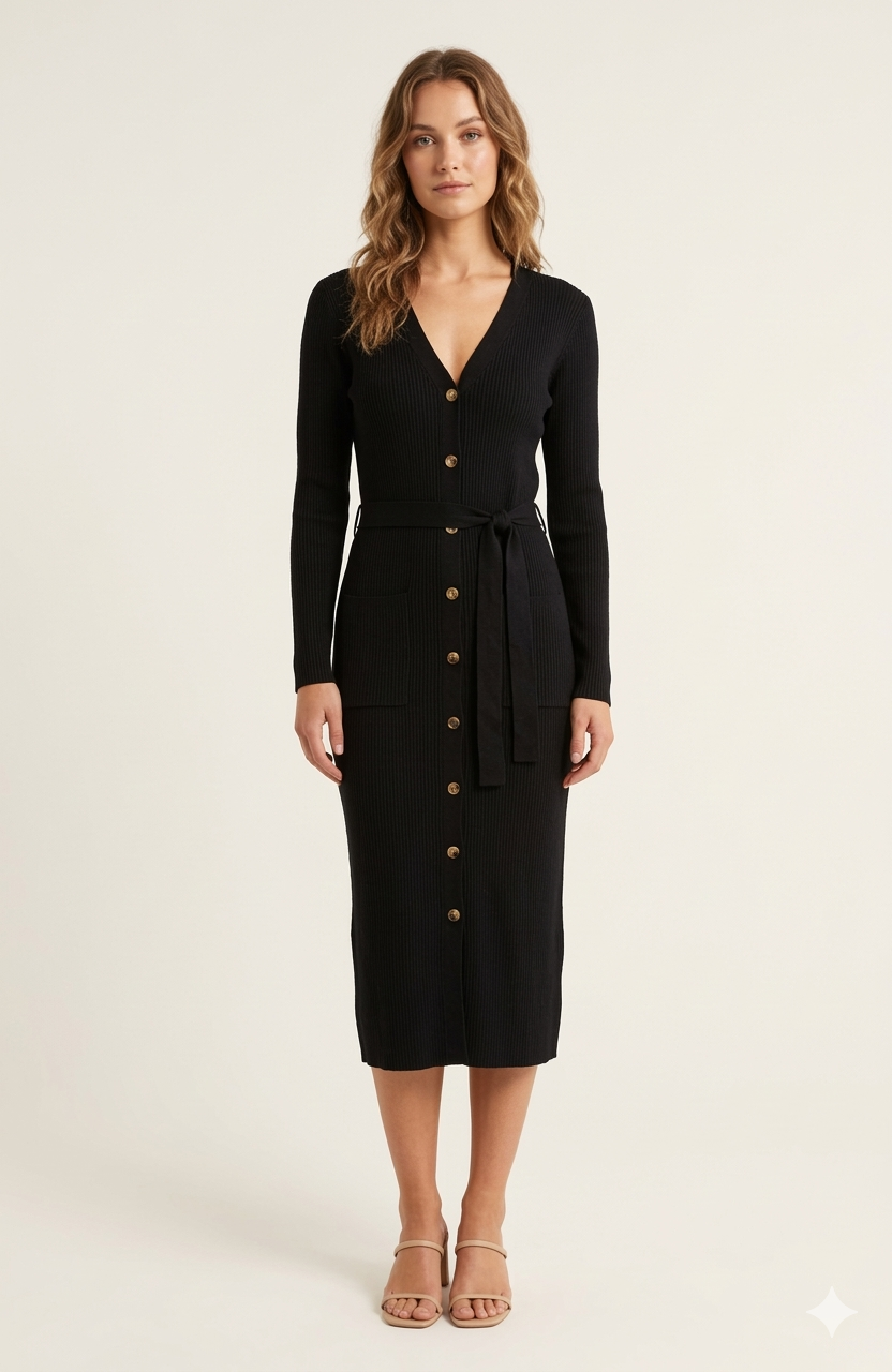 Sunny Design Ribbed Knit Button-Down Midi Dress 200670M