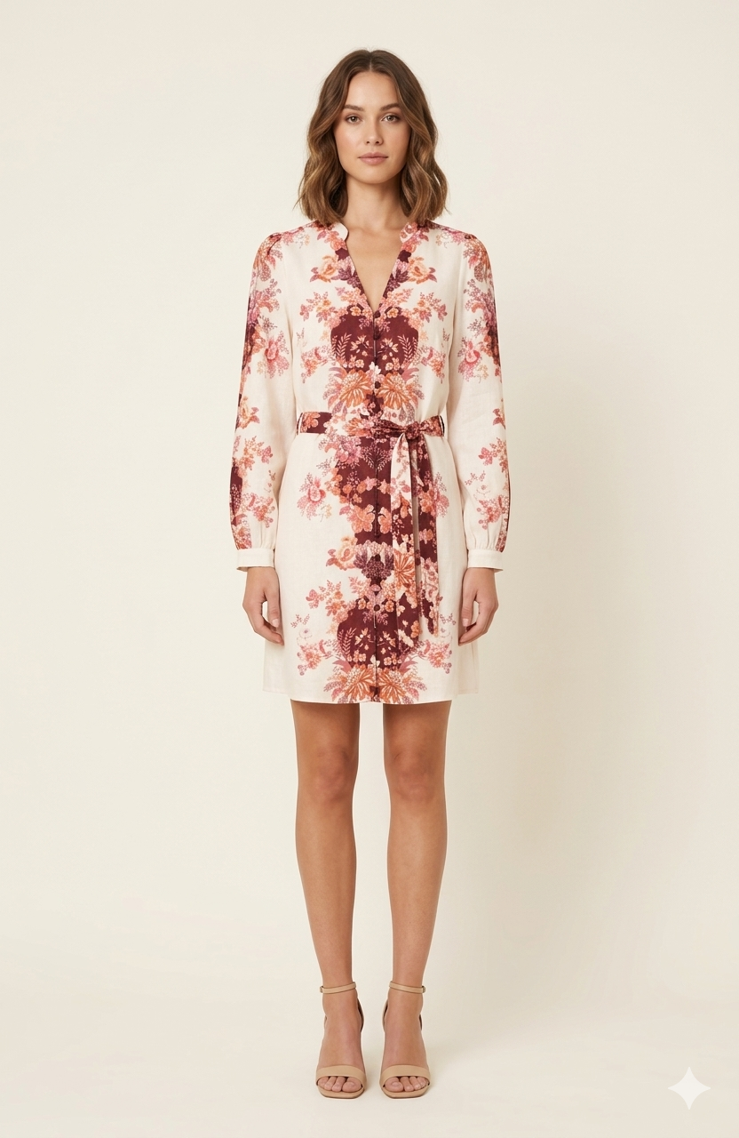 SOGNA COL Burgundy Floral Placement Print Linen-Blend Dress 43250249-1