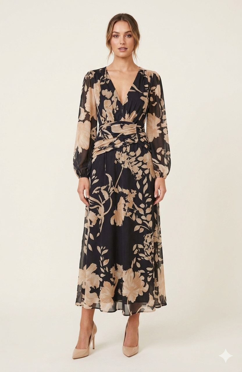 Sogna Col Dark Floral Ruched-Waist Midi Dress SDR