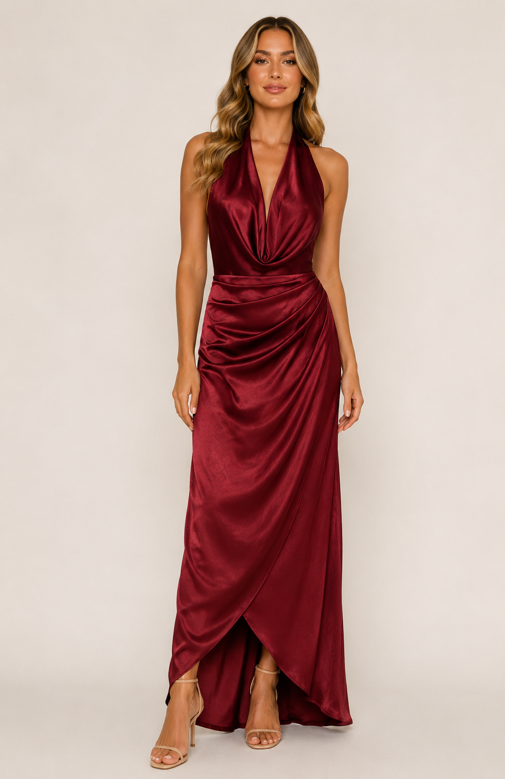 Bordeaux Satin Halter Evening Dress JM26002