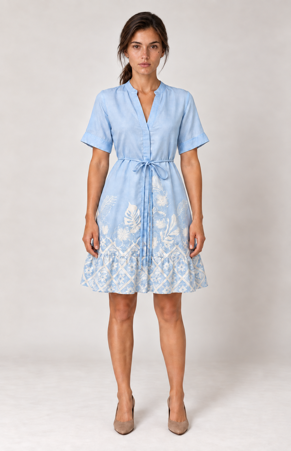 SOGNA Blue Botanical Border-Print Linen-Blend Dress 46260344-1