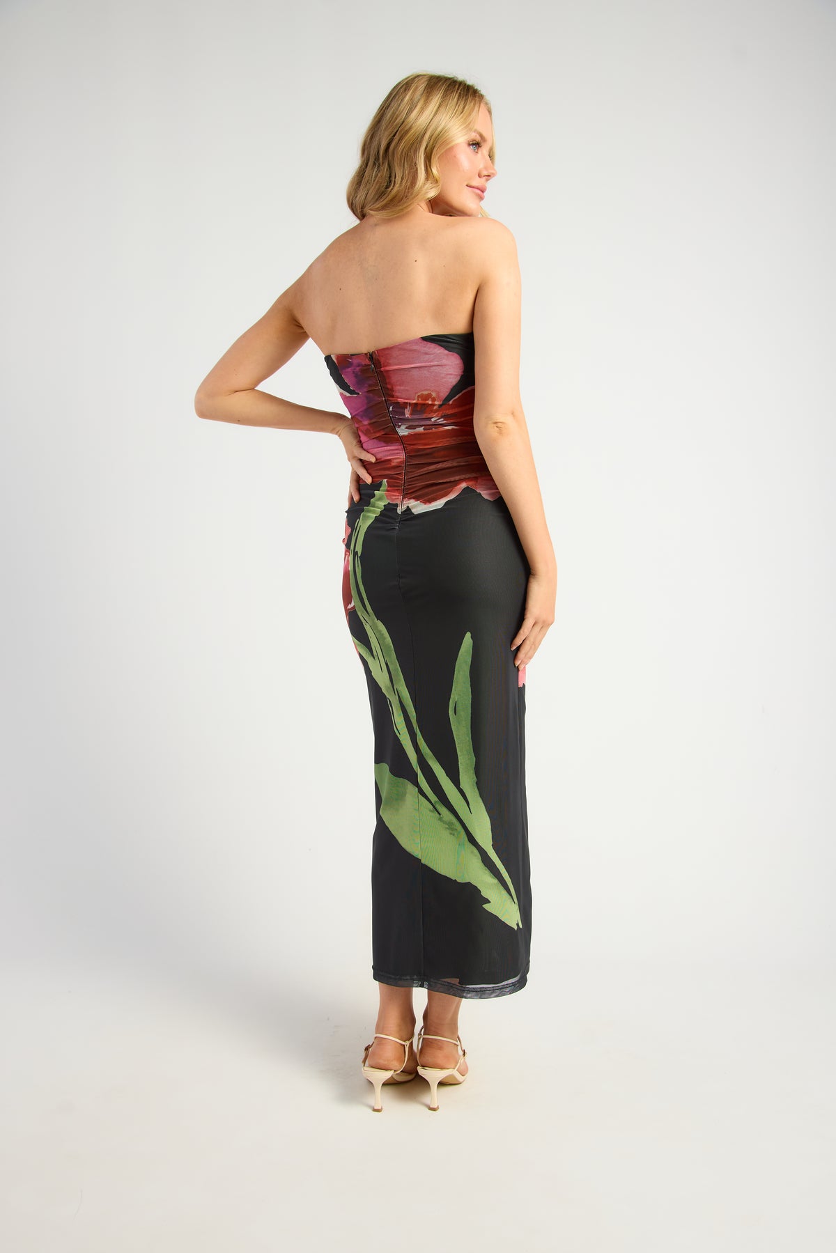 SOGNA SDR1734-4A floral strapless mesh midi dress in Black, back view