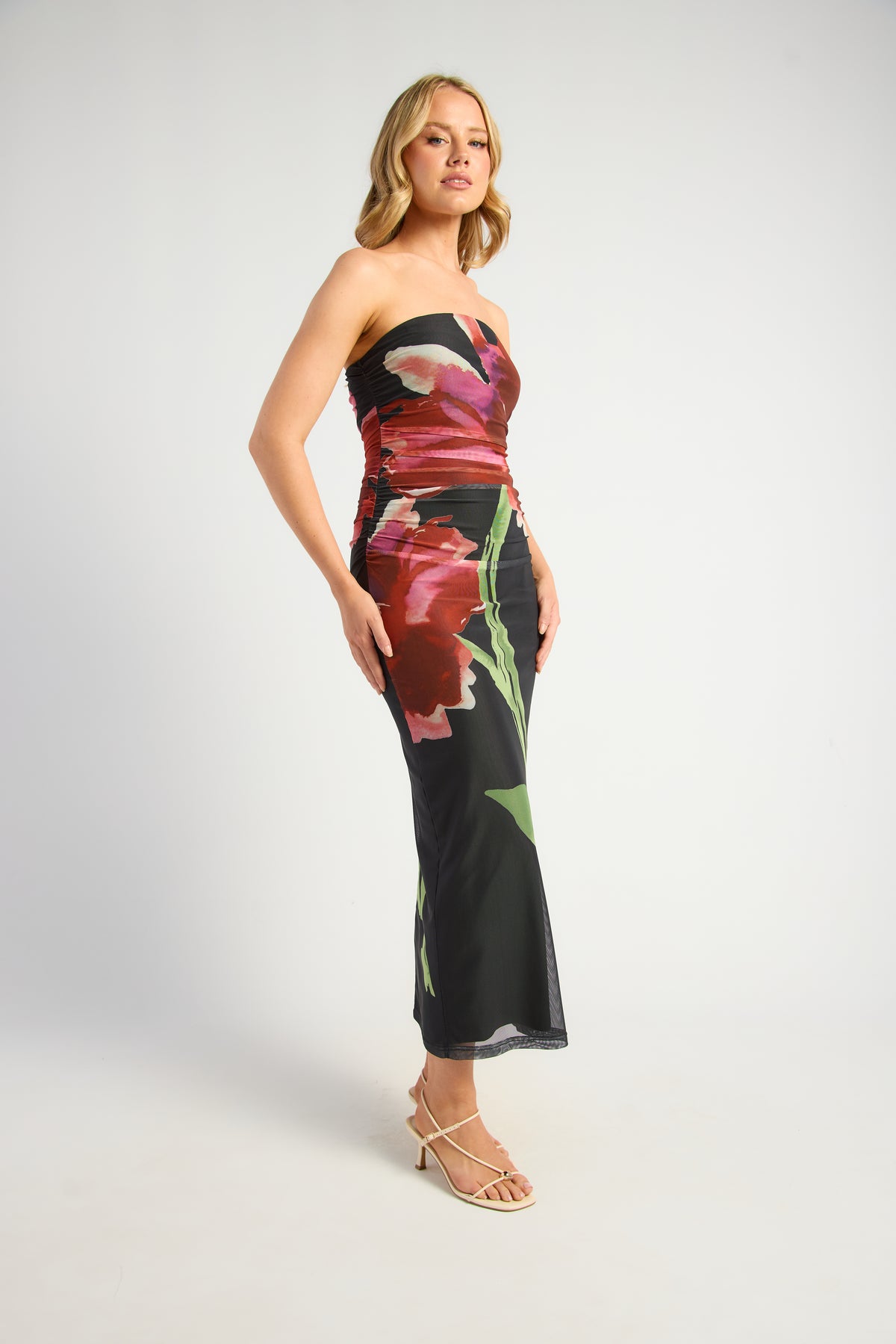 SOGNA SDR1734-4A floral strapless mesh midi dress in Black, side view