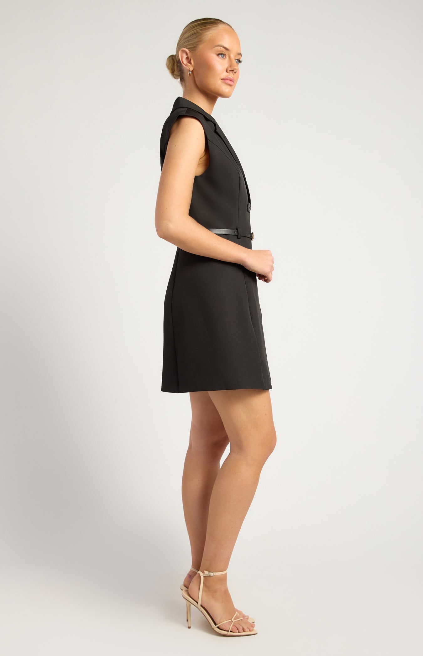 SOGNA SDR1789A Black cap-sleeve belted blazer mini dress front angle