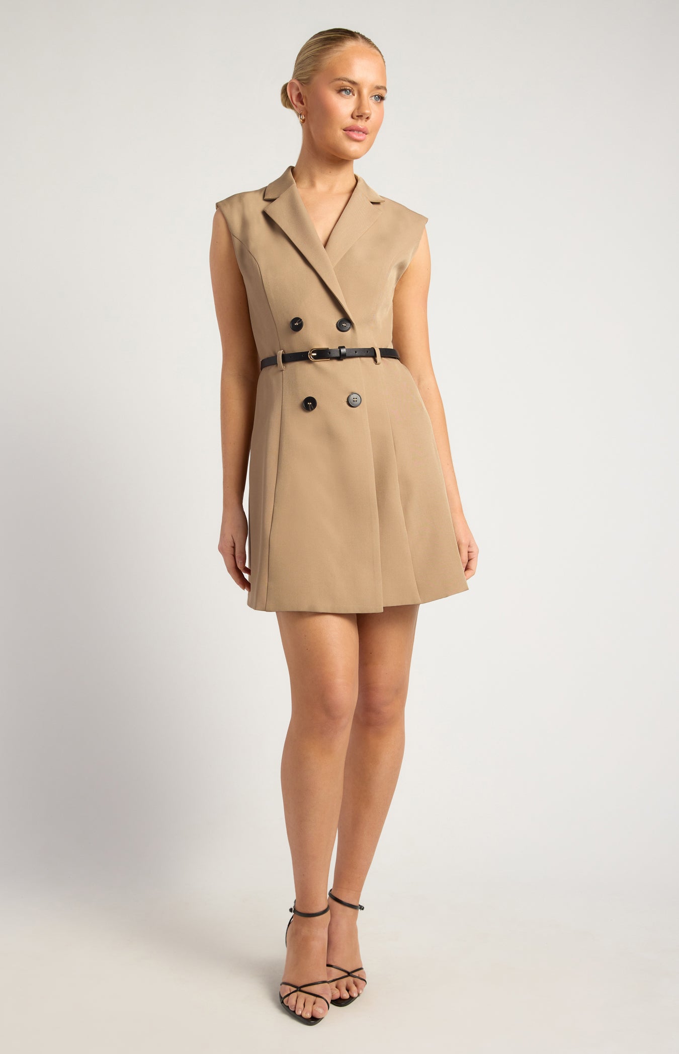 SOGNA SDR1789A Latte cap-sleeve belted blazer mini dress front