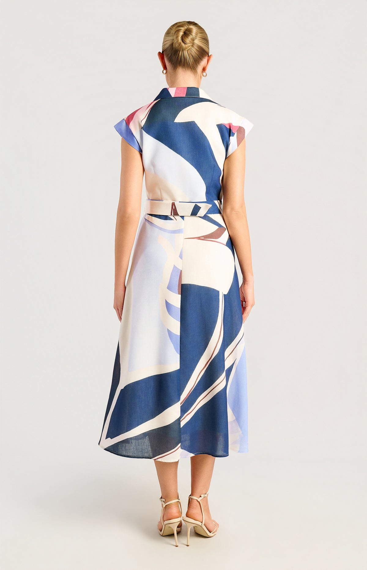 SOGNA SDR1790-3A blue abstract-print shirt dress, back view