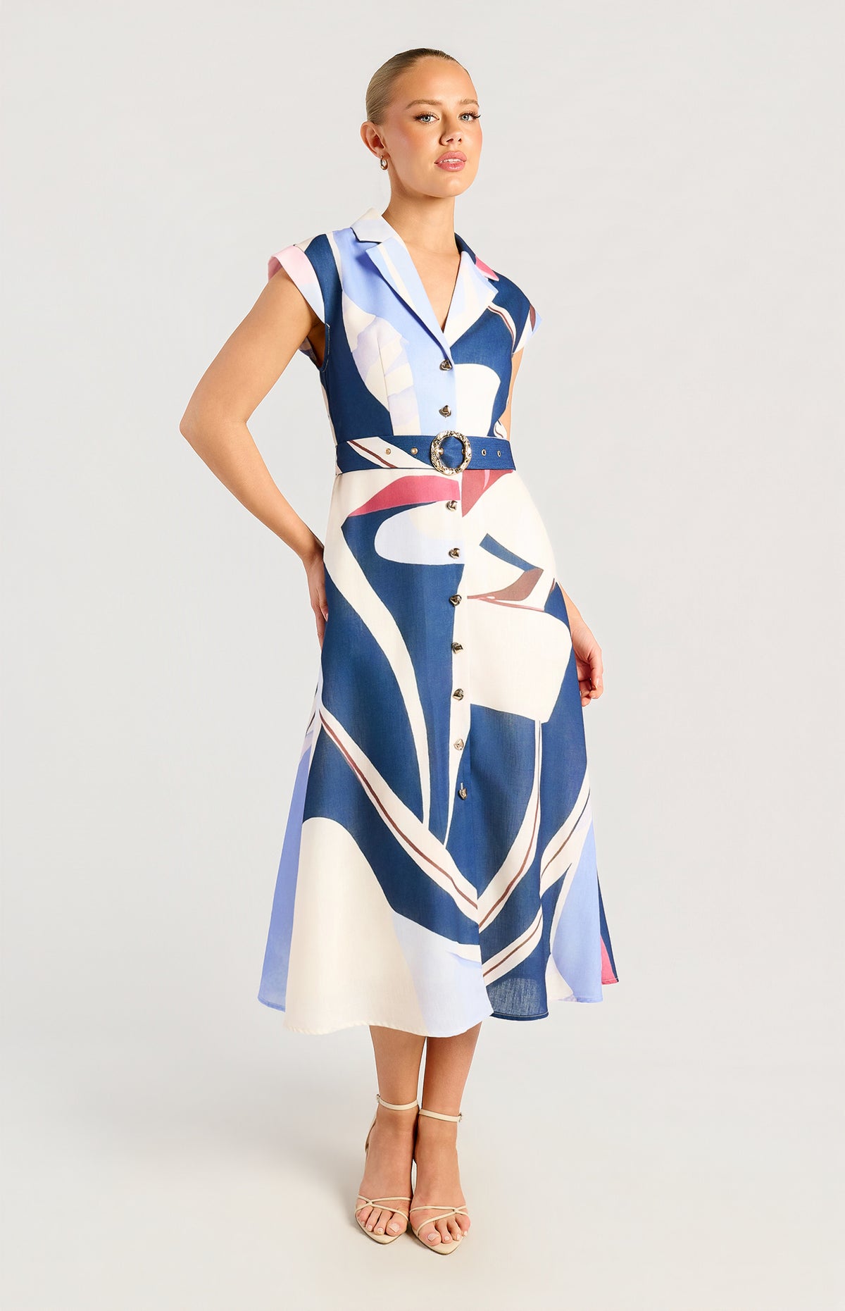SOGNA SDR1790-3A blue abstract-print shirt dress, front view