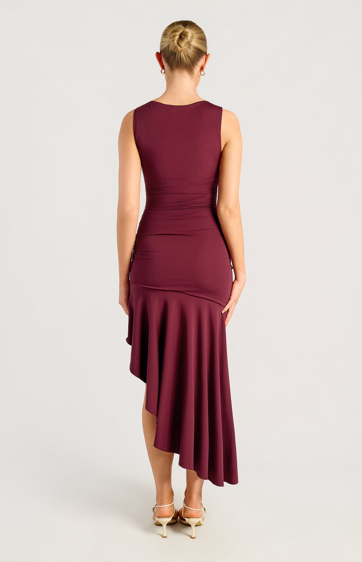 SOGNA SDR1979A merlot asymmetric hem jersey dress, back view