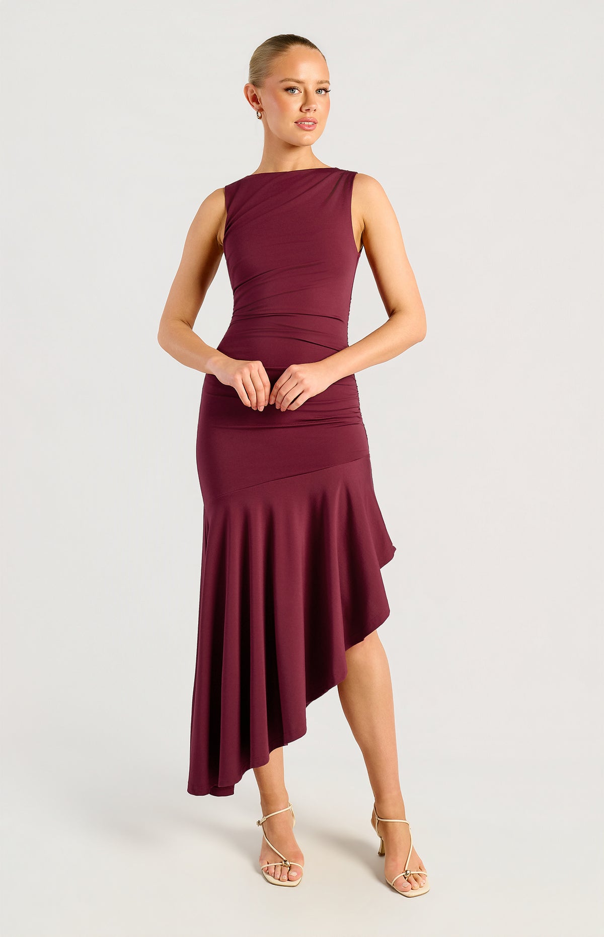 SOGNA SDR1979A merlot asymmetric hem jersey dress, front view