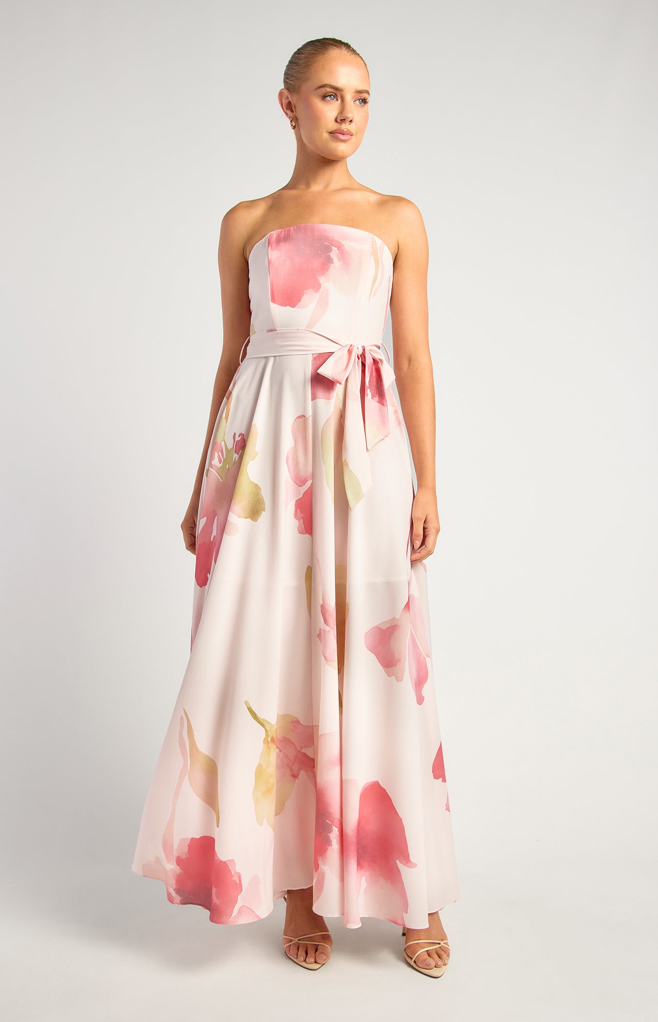 SDR342-23A Pink floral strapless maxi dress front view