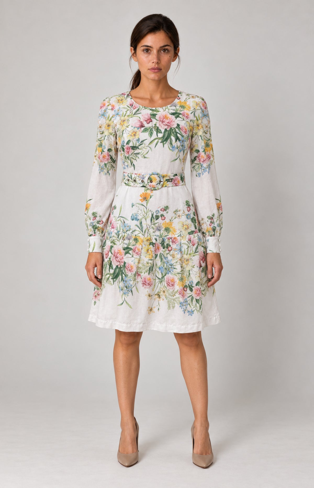 SOGNA white floral belted dress 46240013-1 — Front model view