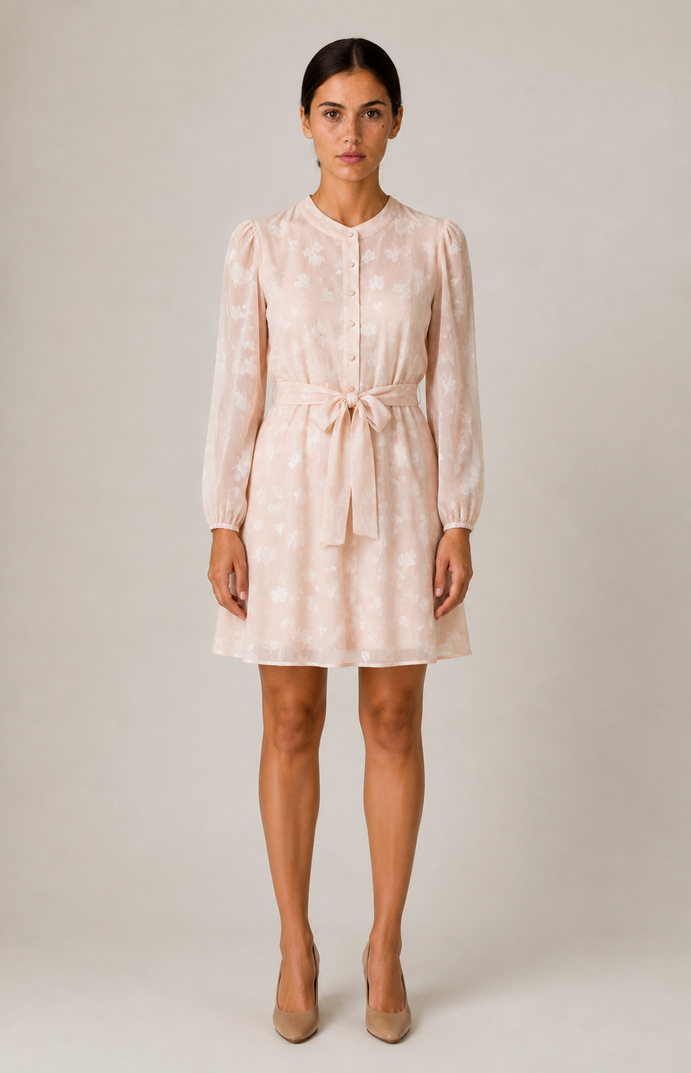 Delilah pink floral belted dress front view on model