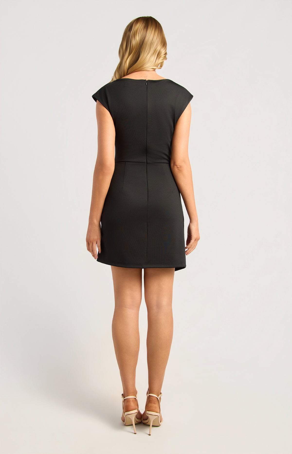 SOGNA SDR1943A cap-sleeve ruched mini dress in Black, back view