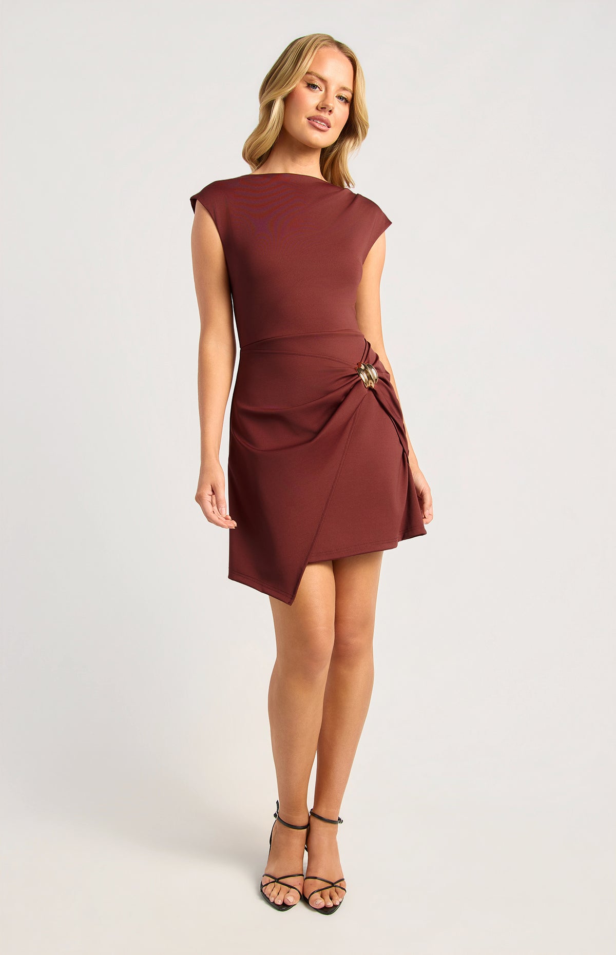 SOGNA SDR1943A cap-sleeve ruched mini dress in Merlot, front view
