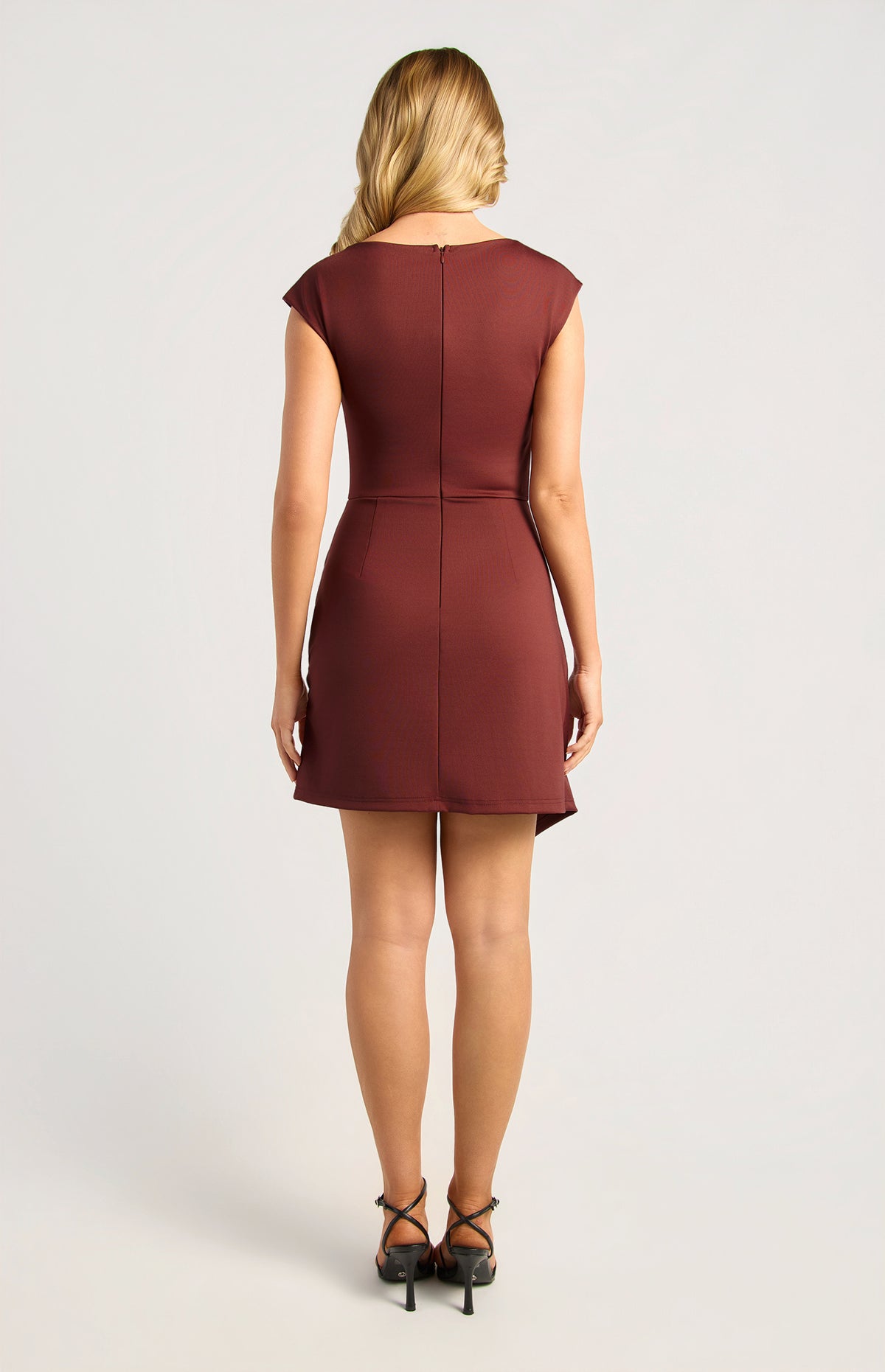SOGNA SDR1943A cap-sleeve ruched mini dress in Merlot, back view