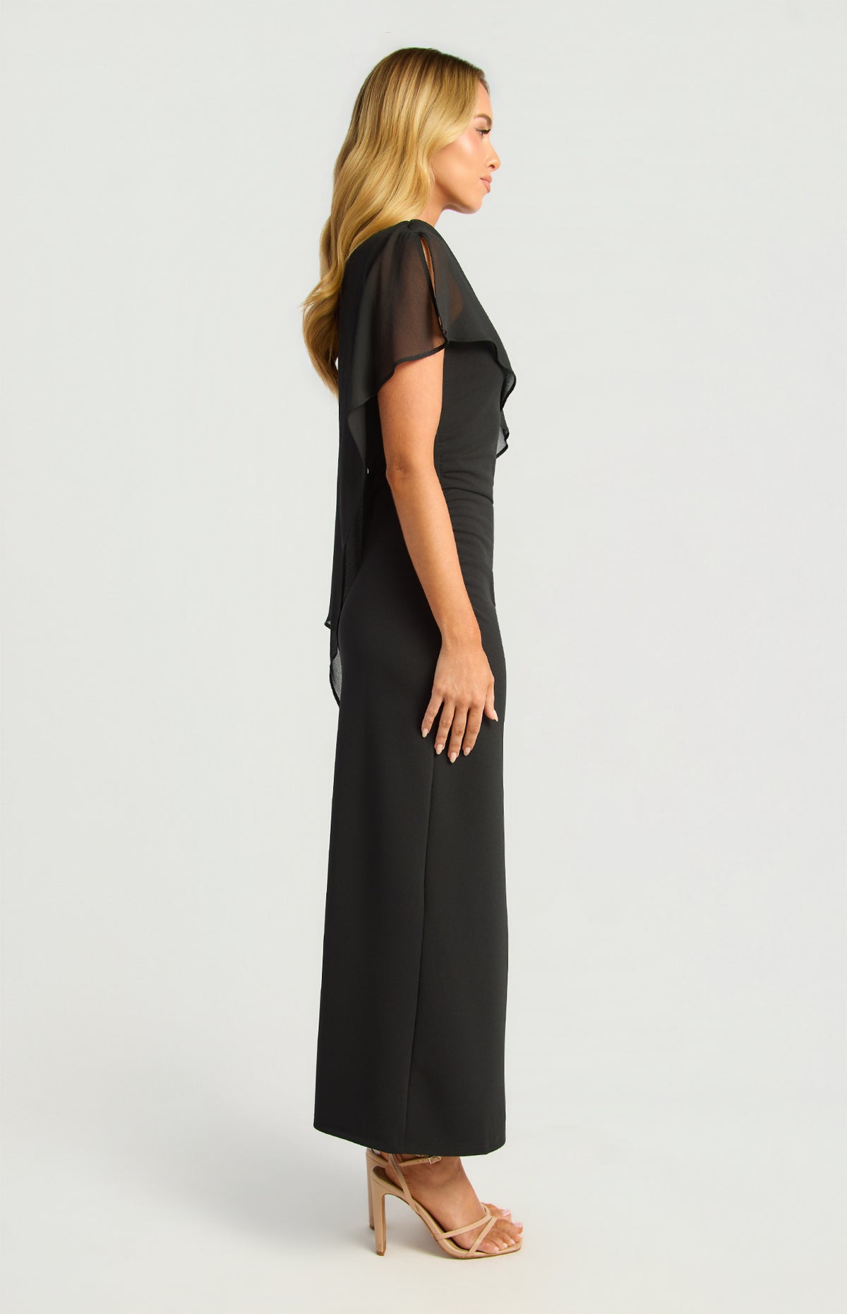 SOGNA SDR1978A one-shoulder chiffon cape dress in Black, side view