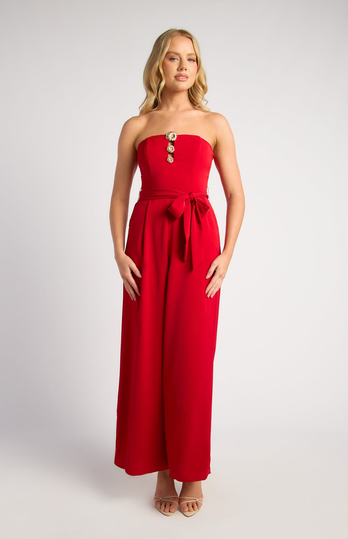 SOGNA SJP619A strapless wide-leg jumpsuit in Red, front view