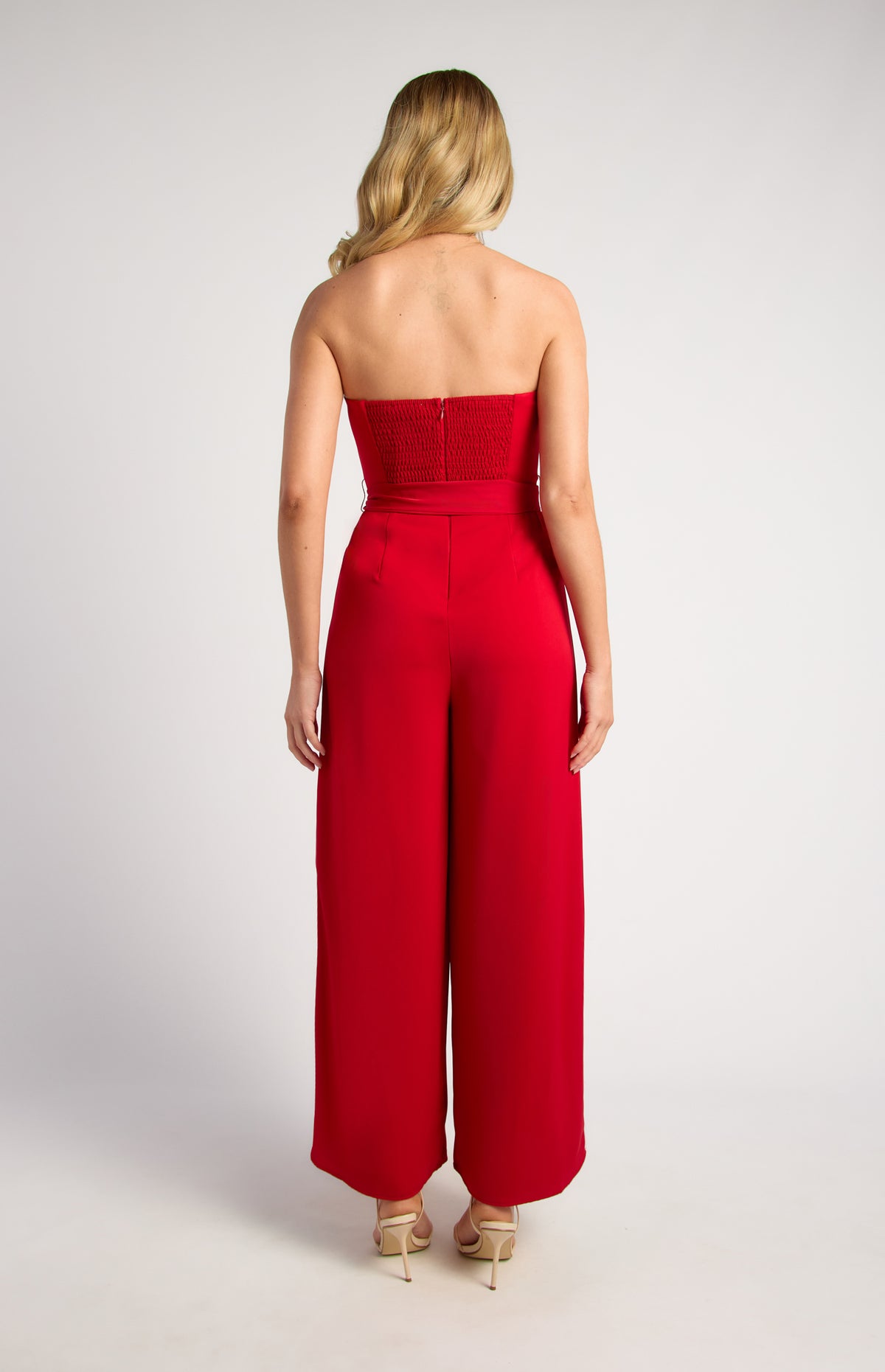 SOGNA SJP619A strapless wide-leg jumpsuit in Red, back view