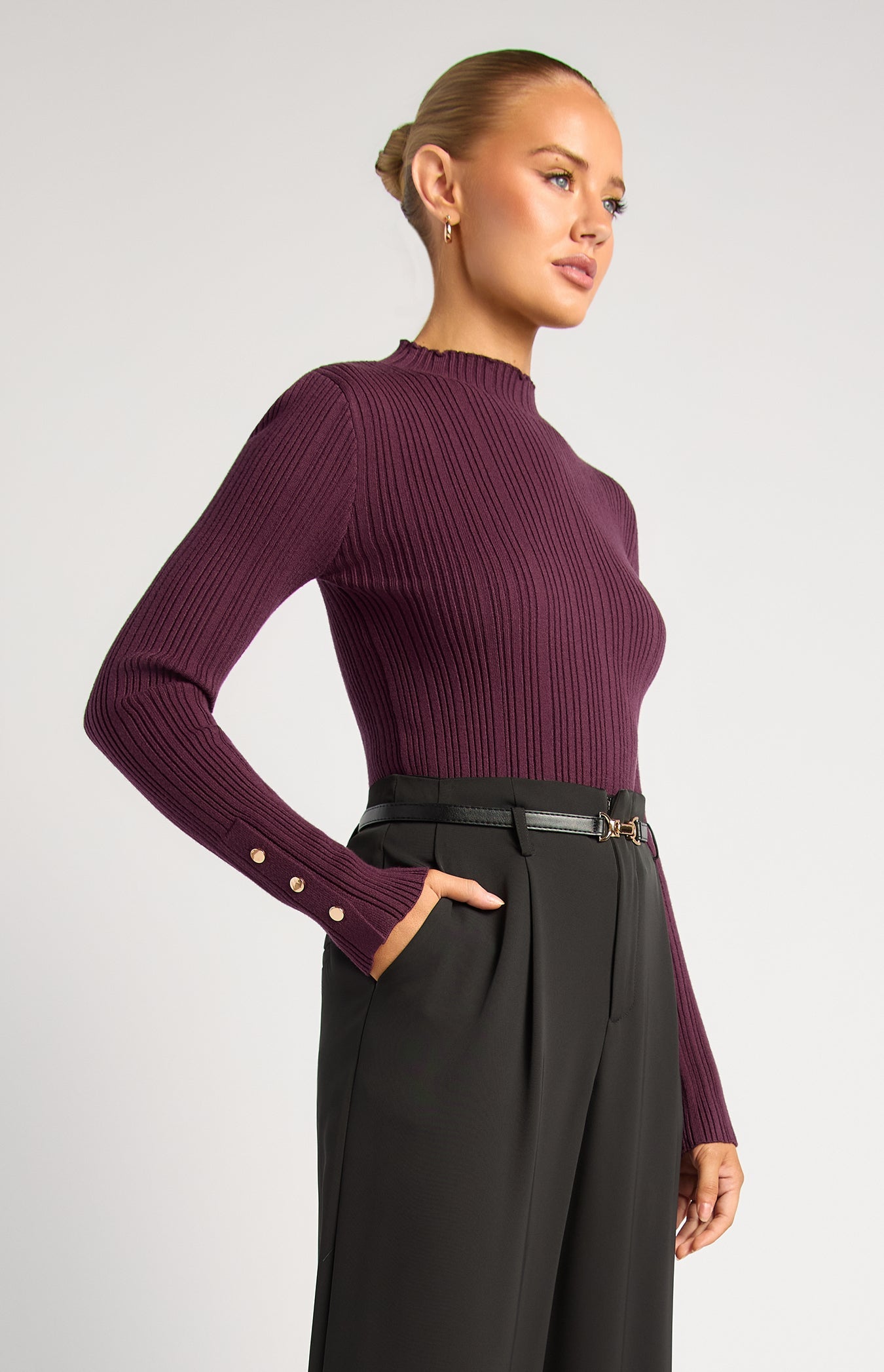 WKN856 dark plum high neck textured knit top – angled view