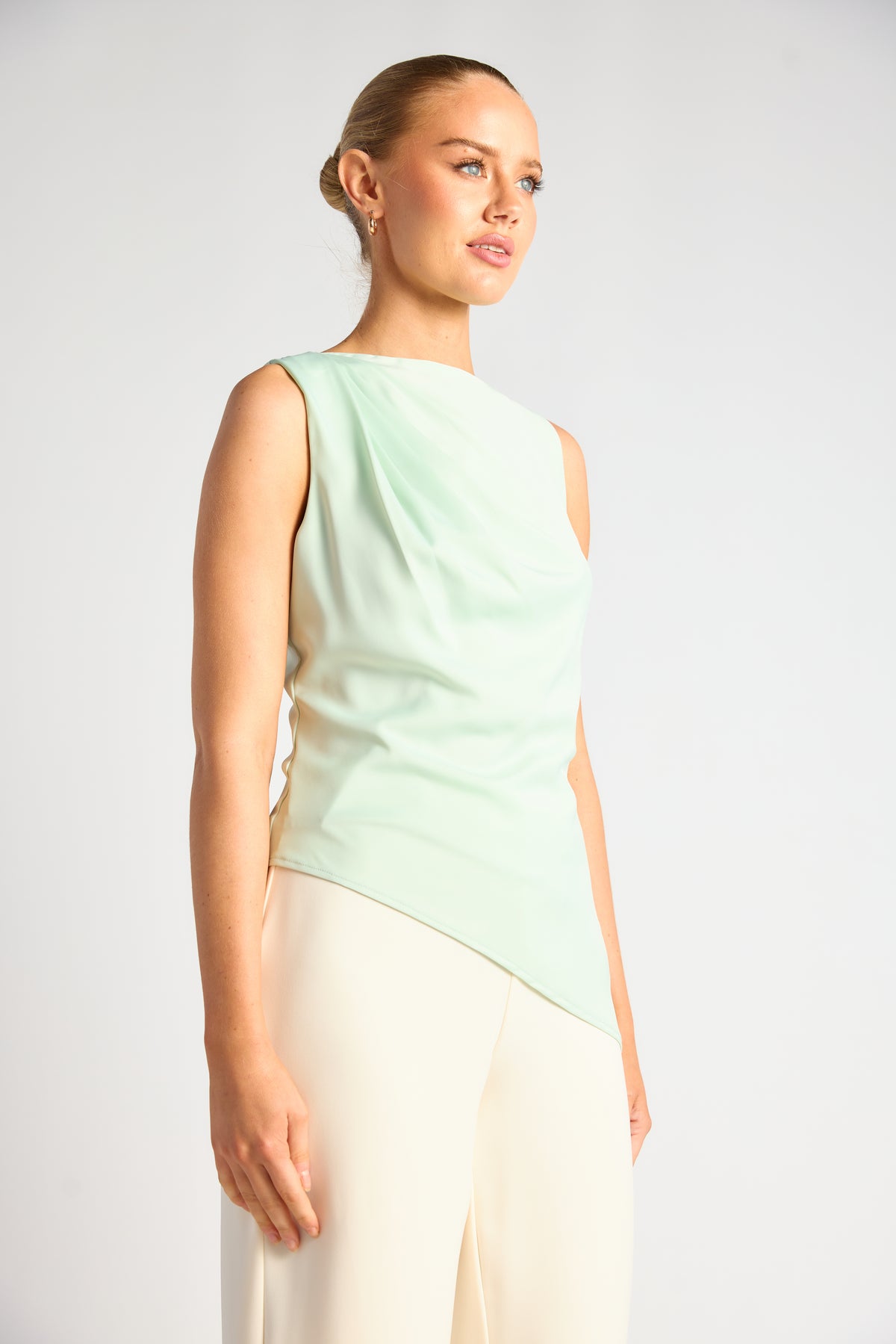 SOGNA WTO883B pleated-shoulder sleeveless top in Mint, front view