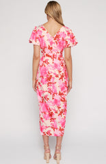 SOGNA COL Floral Butterfly Sleeve Dress with Tulip Hem SDR1332B