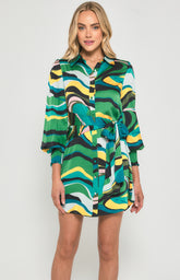 SOGNA COL Abstract Print Satin Shirt Dress with Tie Detail SDR1378B