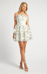 SOGNA COL Ruffled Neckline Strapless Floral Organza Dress (SDR1715A)