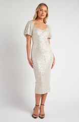 SOGNA COL Bubble Sleeve Sequin Midi Dress (SDR1662A)