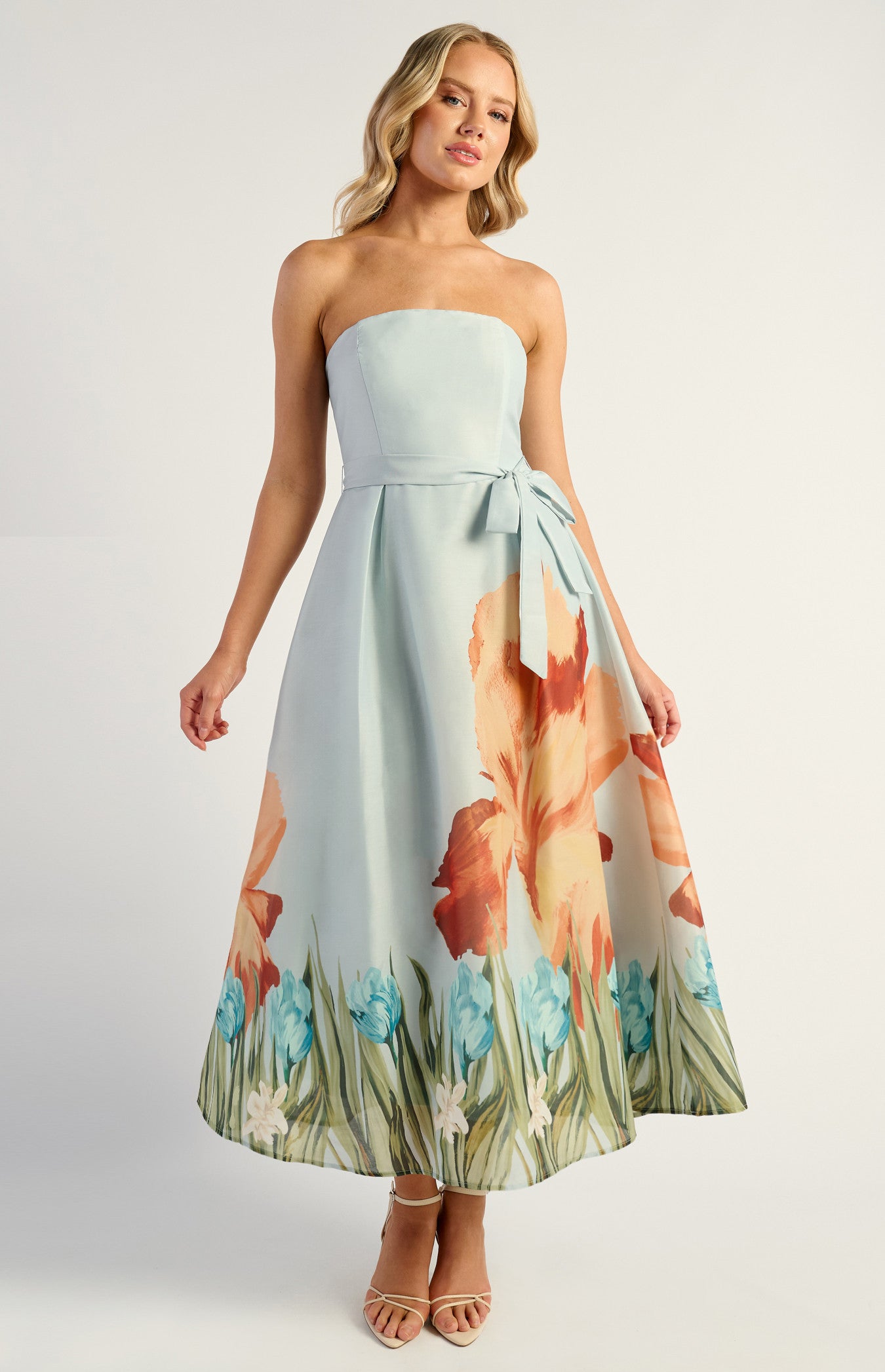 SOGNA COL Strapless Placement Print Floral A-Line Midi Dress SDR1691-2B