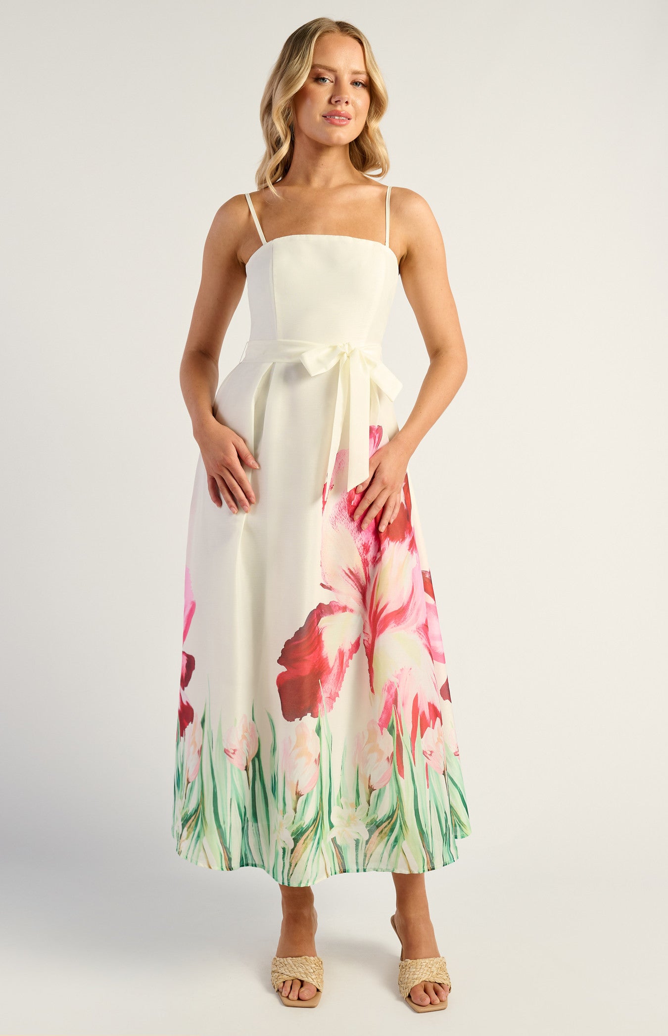 SOGNA COL Strapless Placement Print Floral A-Line Midi Dress SDR1691-2B