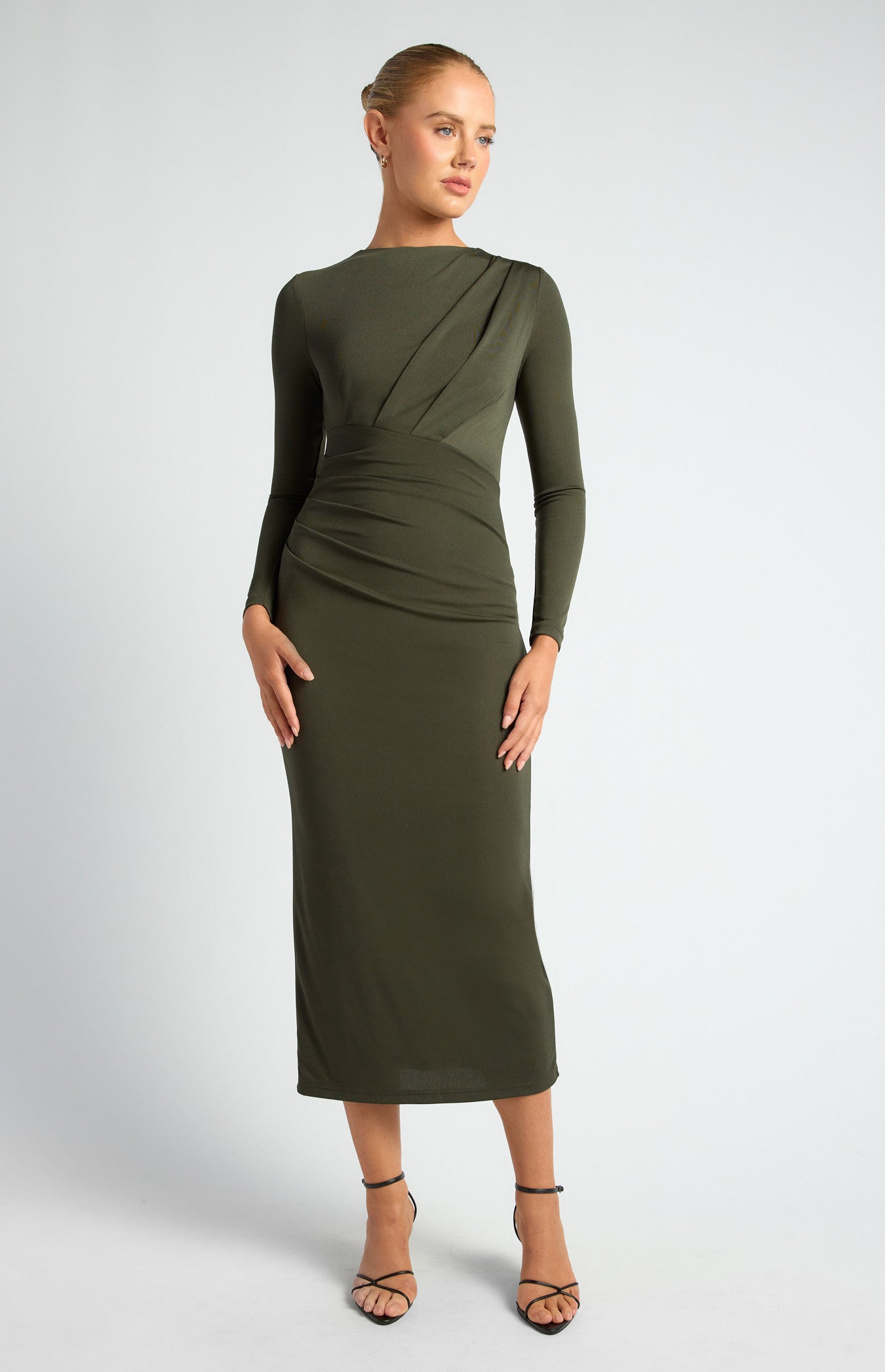 SOGNA COL Pleated Detail Stretch Jersey Midi Dress SDR1746A