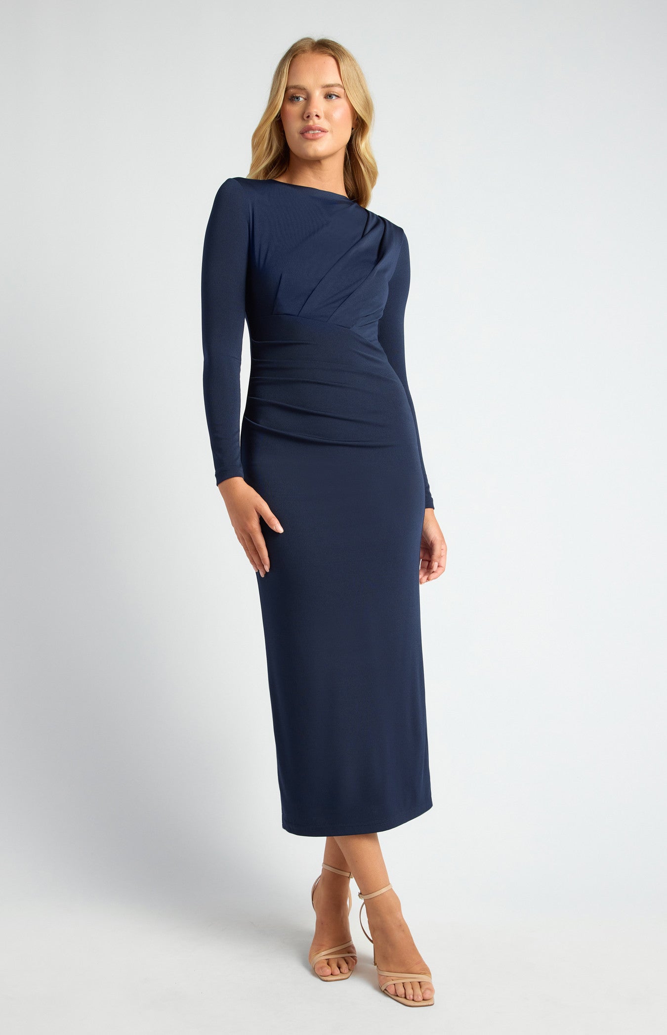 SOGNA COL Pleated Detail Stretch Jersey Midi Dress SDR1746A