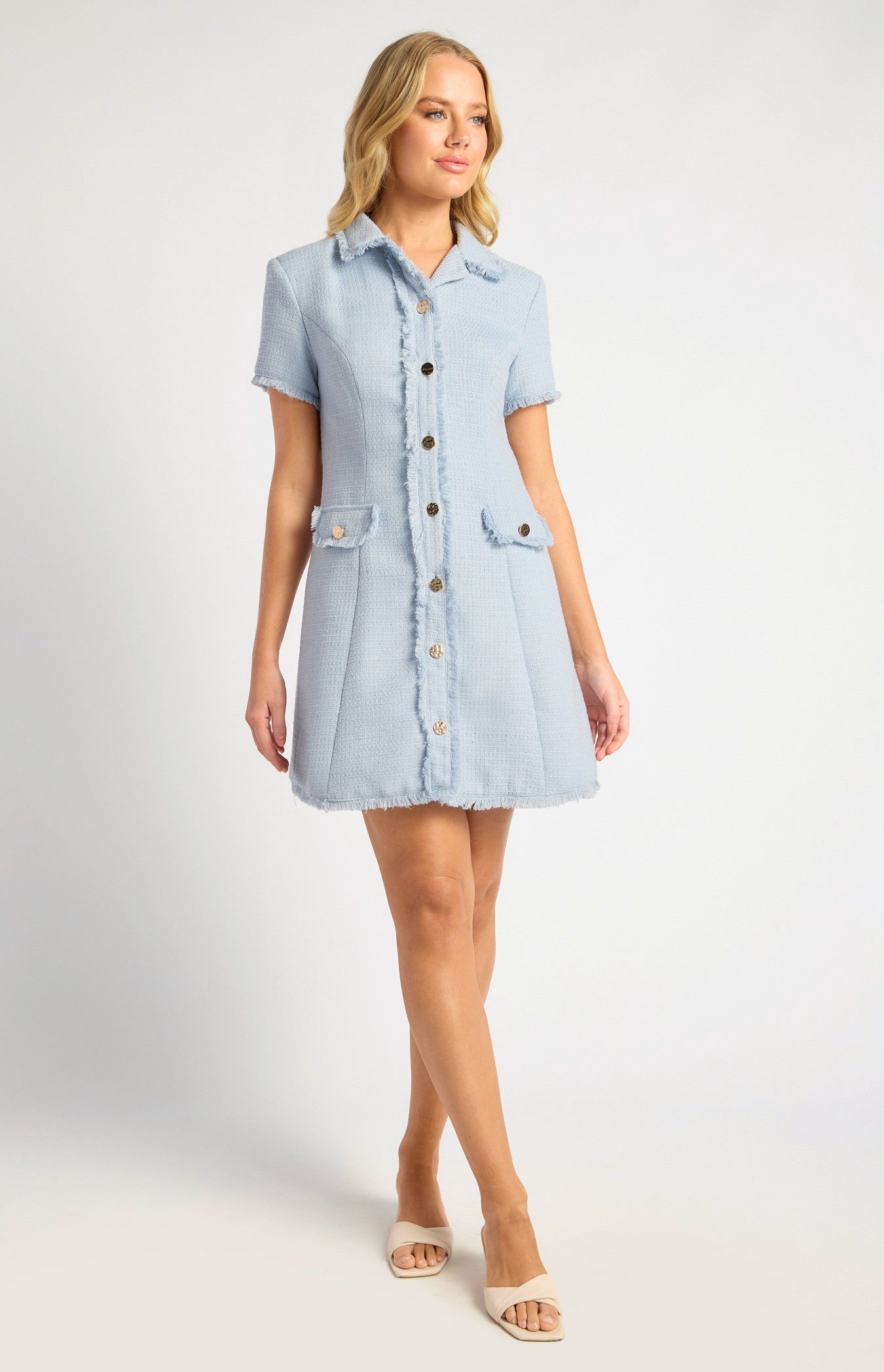 SOGNA COL Gold Button Feature Fray Detail Collared Tweed Dress SDR1755A